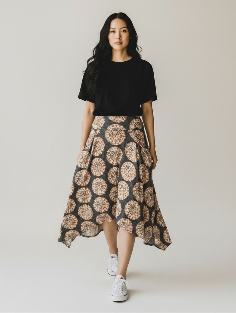 Free People Gray Skirt with Cream & Tan Medallion Print & Pockets XS